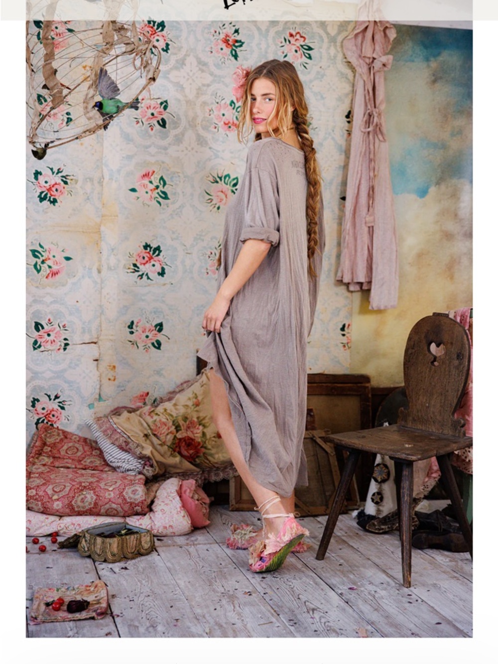 MAGNOLIA PEARL Viggo Long Sleeve TShirt Tee Maxi Dress O/S Cupid Logo Taupe - Picture 4 of 16